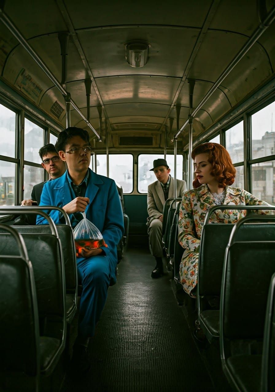 Vintage Bus Scene: Nostalgic Retro-Style Interior with Moody...