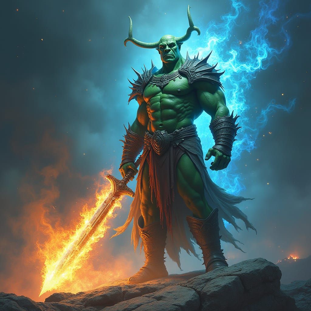 Epic Orc Warrior in Cosmic Flames