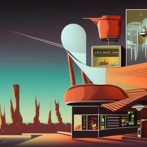 A 1950s coffee shop on Mars dynamic lighting monochromatic bauhaus brutalism storybook illustration Tim Burton art deco ...