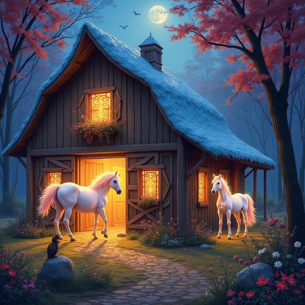 Whimsical Enchanted Barn in a Dreamlike Setting with Glowing...