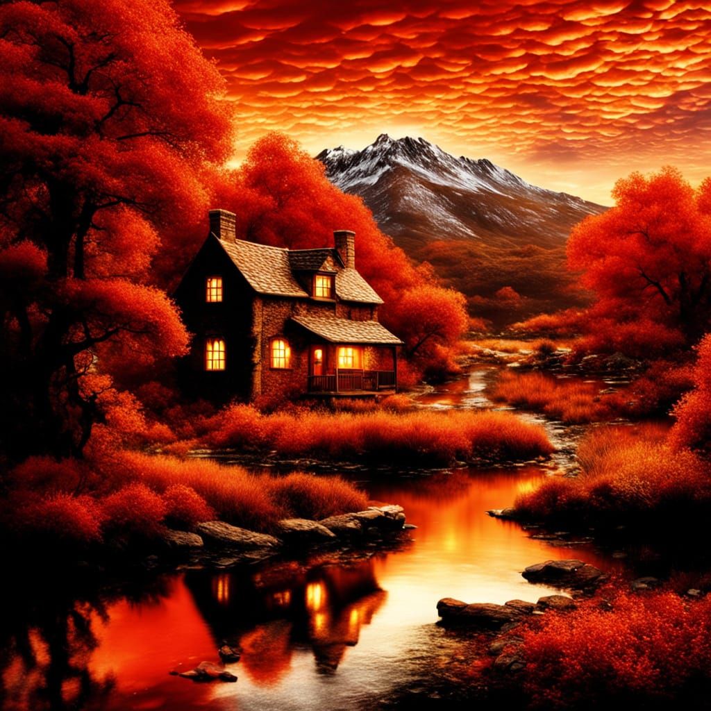 Cosmic Surreal Landscape with Glowing Sunset and Reflecting ...