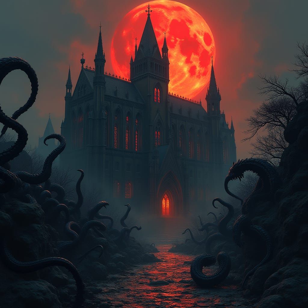 Gothic Cathedral Overrun by Tentacles in Dark Fantasy Style