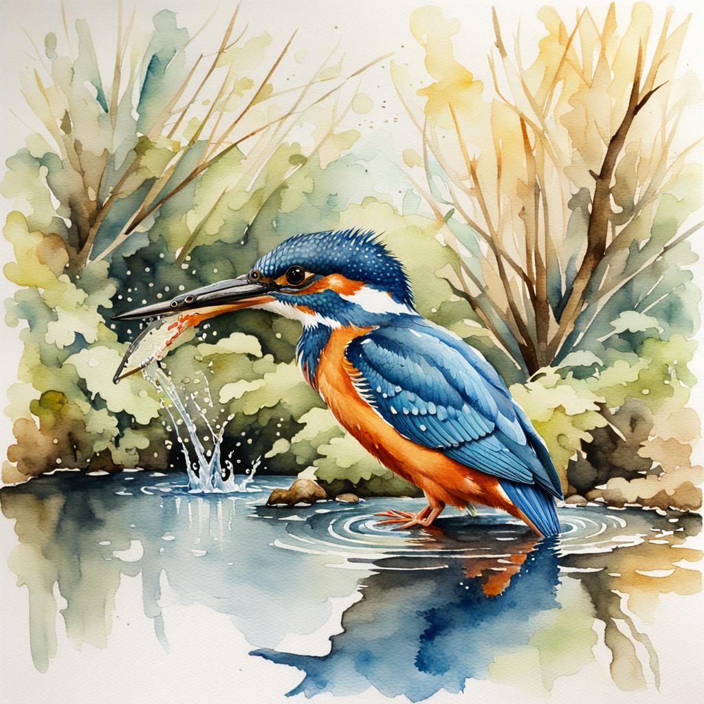 Kingfisher Emerges from Pool: Watercolor Painting