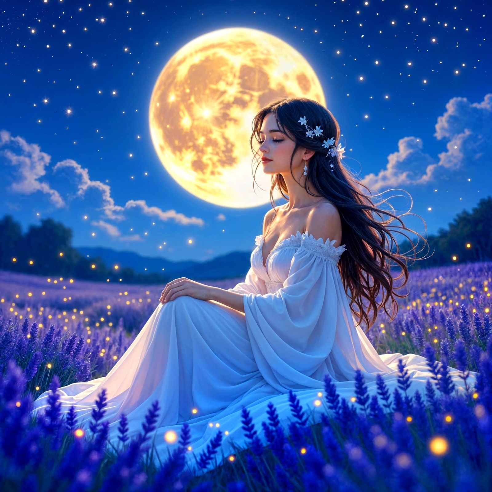 Starlight Woman in Lavender Field, Art Nouveau Style
