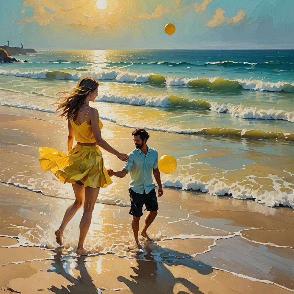 Impressionist Beach Scene with Woman in Yellow Skirt