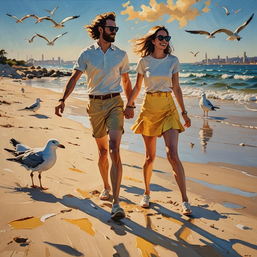 Impressionistic Painting of a Couple on a Sunny Beach