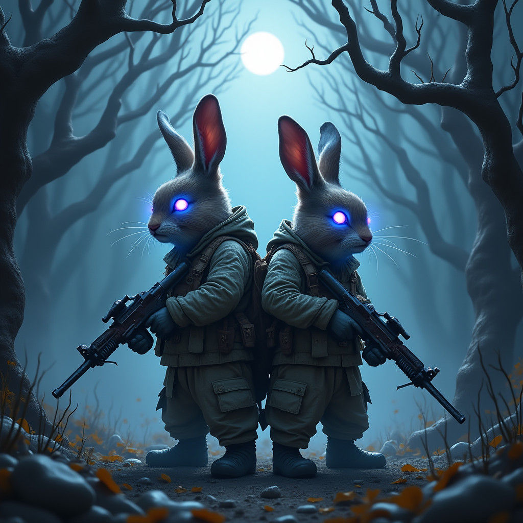 Camouflaged Bunnies with Glowing Guns in Haunted Forest