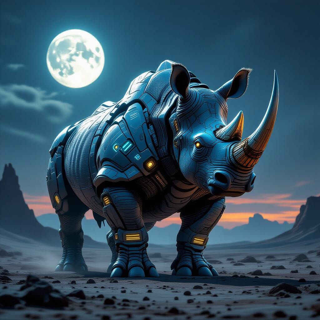 Futuristic Armored Rhino in Alien Landscape