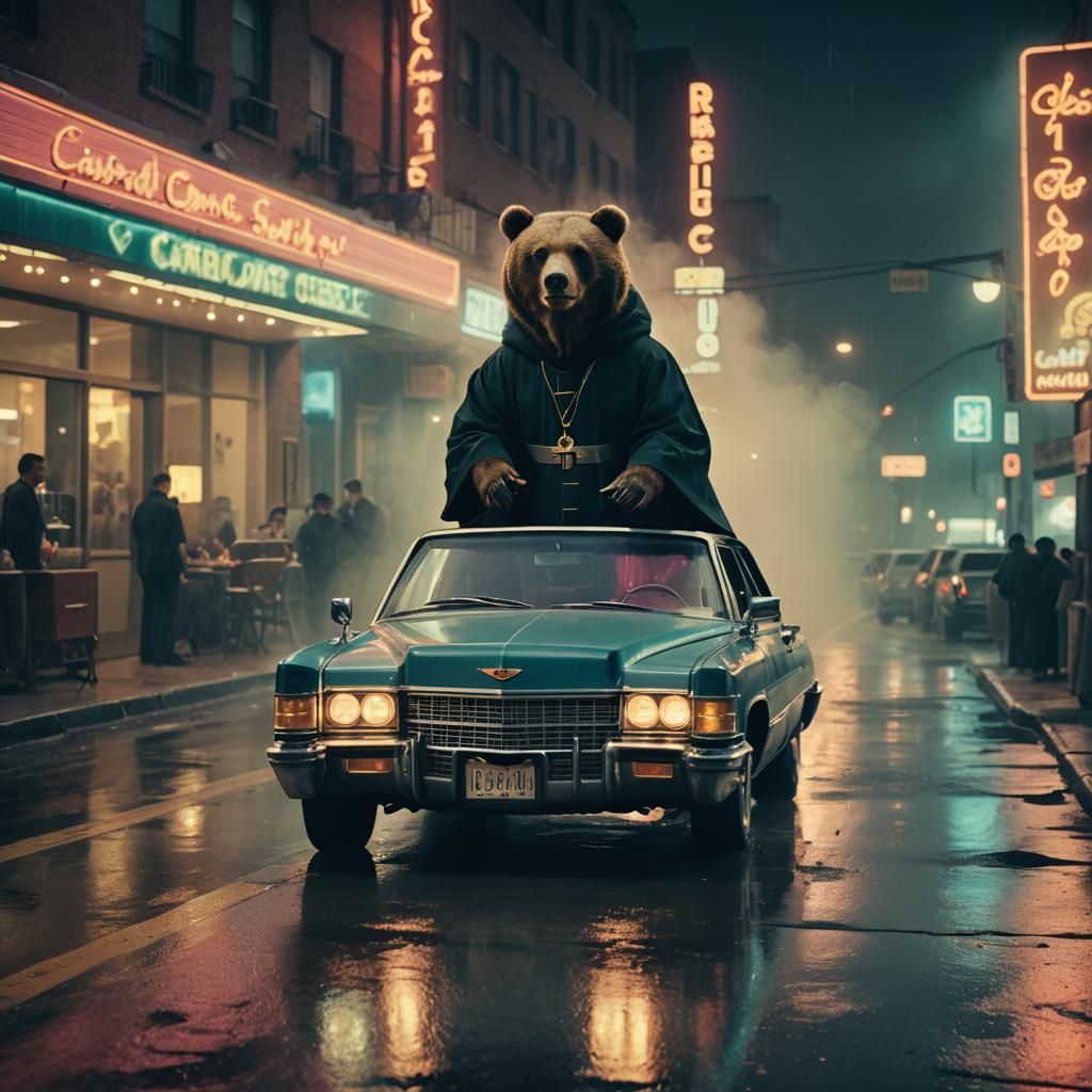 Bear Priest Drives Cadillac in Retro Sci-Fi Film