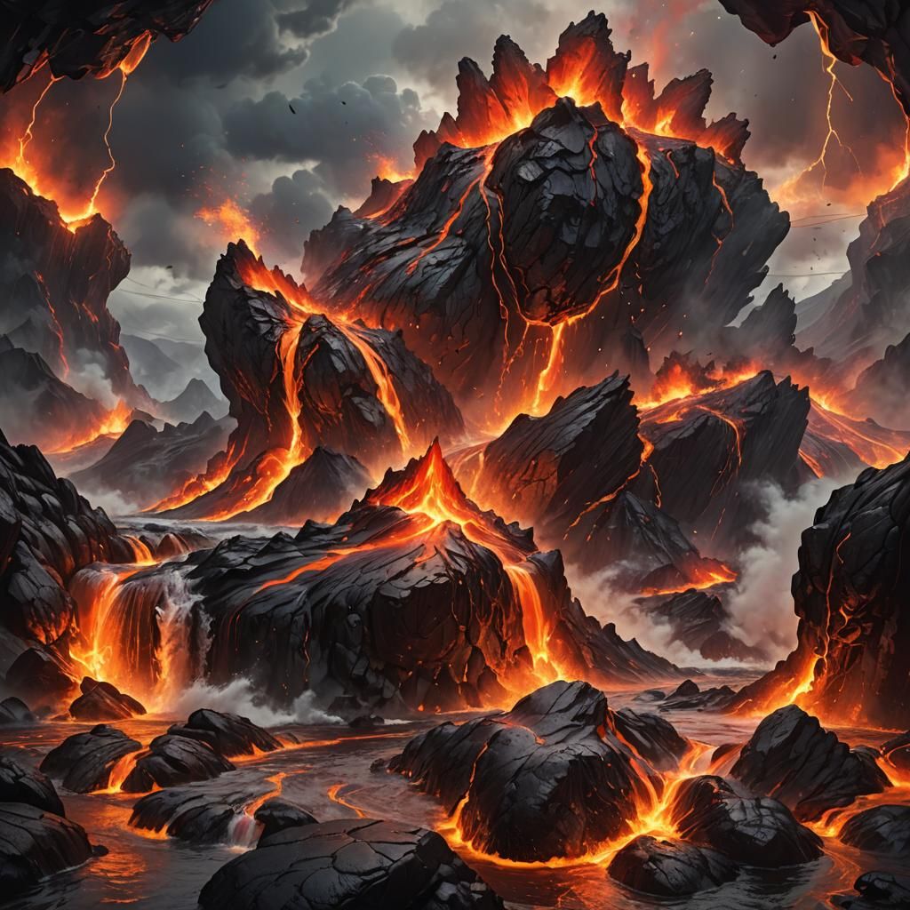 Floating Lava Island in Stormy Sky