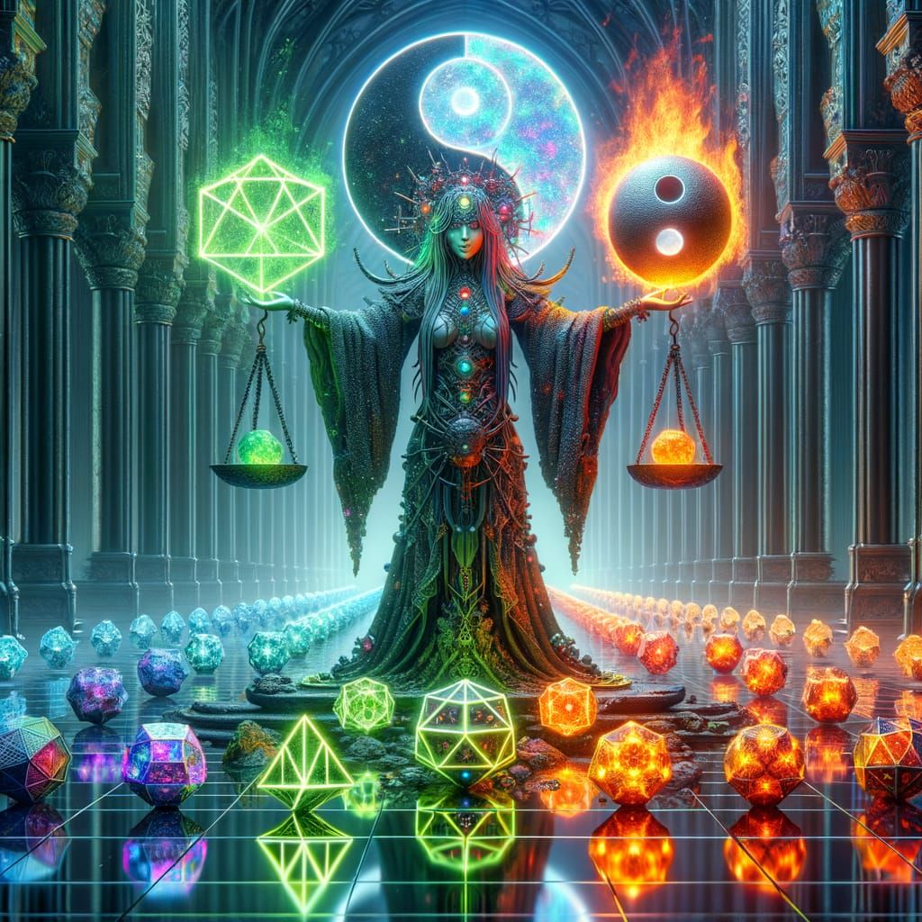 Psychedelic Gothic Cyberpunk Sorceress with Balance Scale