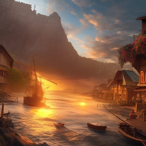 Vibrant Island Community in Detailed Matte Painting