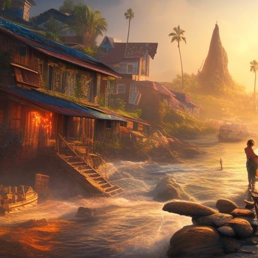 Vibrant Island Community in Hyperdetailed Matte Painting