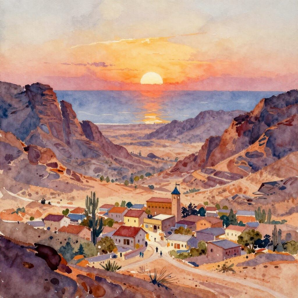 Desert Town Serenity in Watercolor