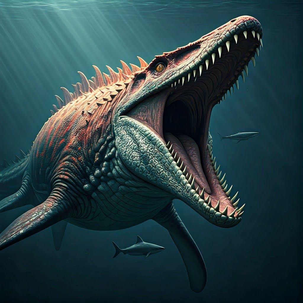Mosasaurus with Red Opal Skin Hunting Shark