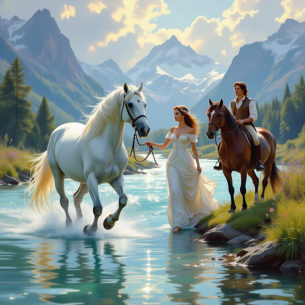 Romantic Fantasy Horse Scene with Woman and Man