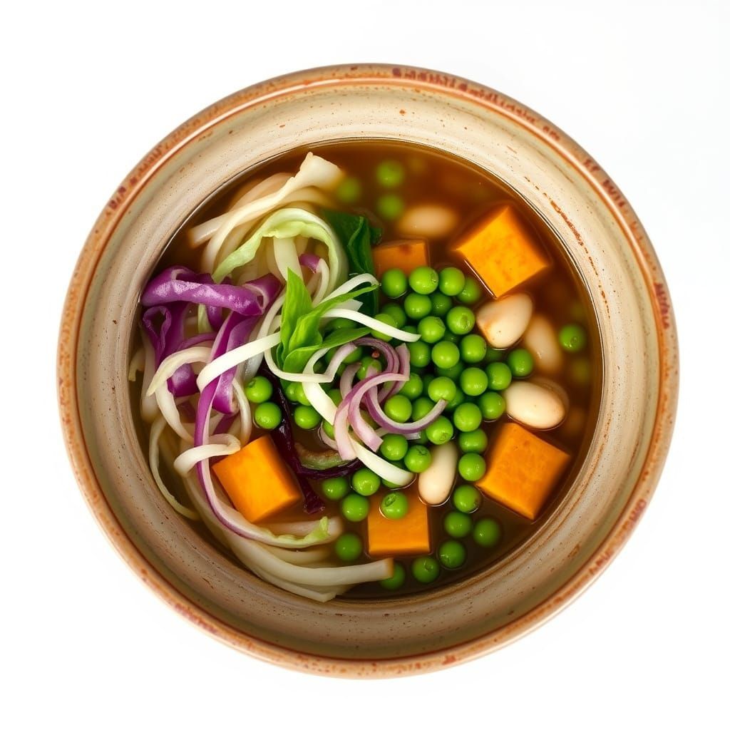 Steaming Japanese Chicken Broth with Vibrant Vegetable Medle...