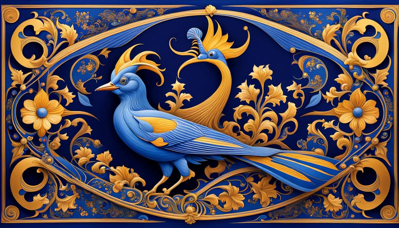 Psychedelic Art Nouveau Jester and Laughing Bird in Delft Bl...
