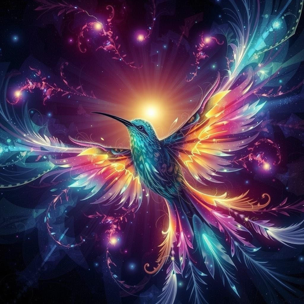 Surreal Cosmic Hummingbird in Celestial Energy