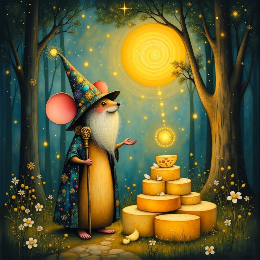 Whimsical Wizard Mouse Dines Under Moonlit Cheese