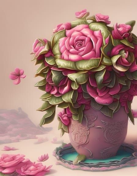 Hyperdetailed Pink Roses in Full Bloom, Photorealistic Art
