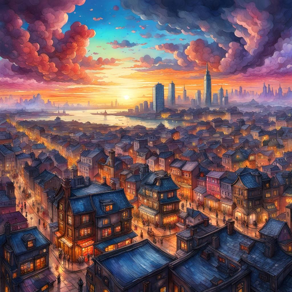 Sunset Cityscape in Watercolor Art Style