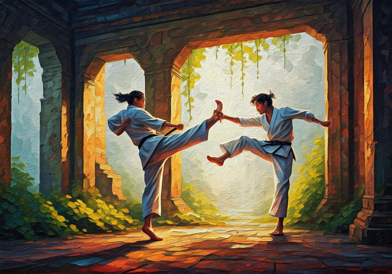 Karate Fight in Abandoned Temple, Impasto Art