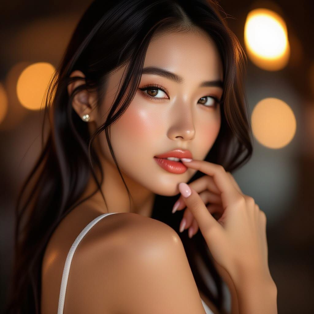 Young Asian Woman Gazes Softly in Cinematic Lighting