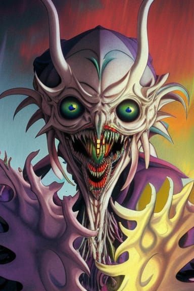 Cursed Cybernetic Jester Monster in Anime Style