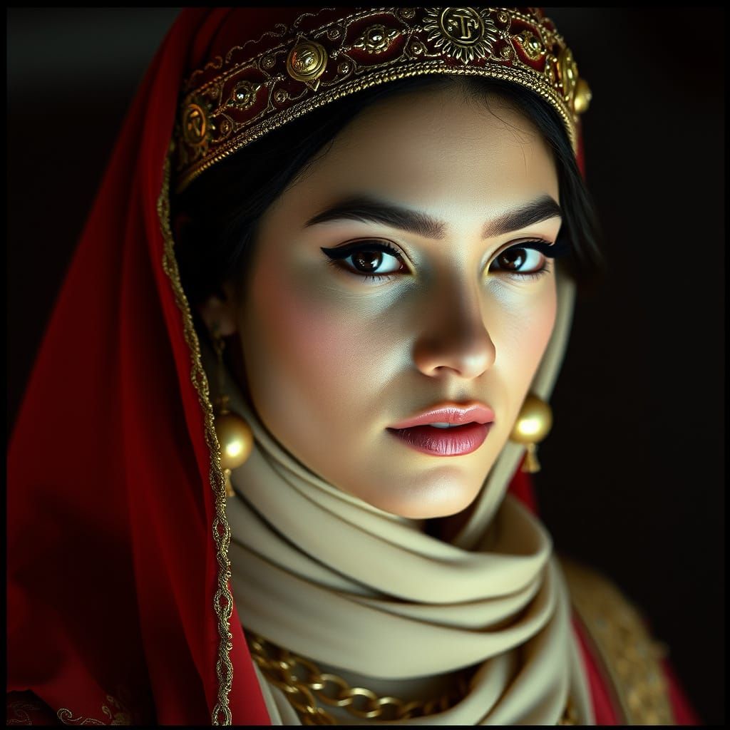 Regal Young Woman with High Cheekbones and Mysterious Beauty