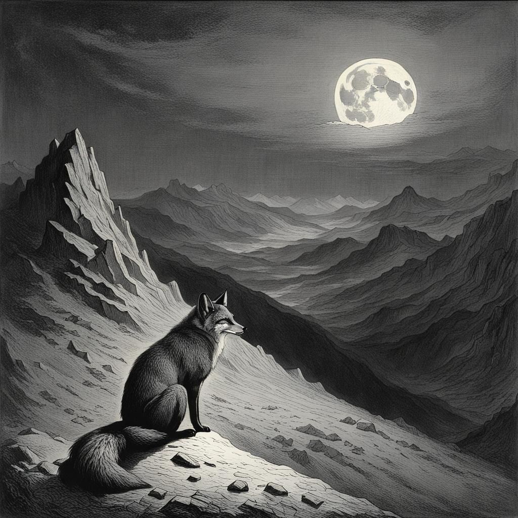 Sad Fox in Moonlight: Gothic Horror Illustration