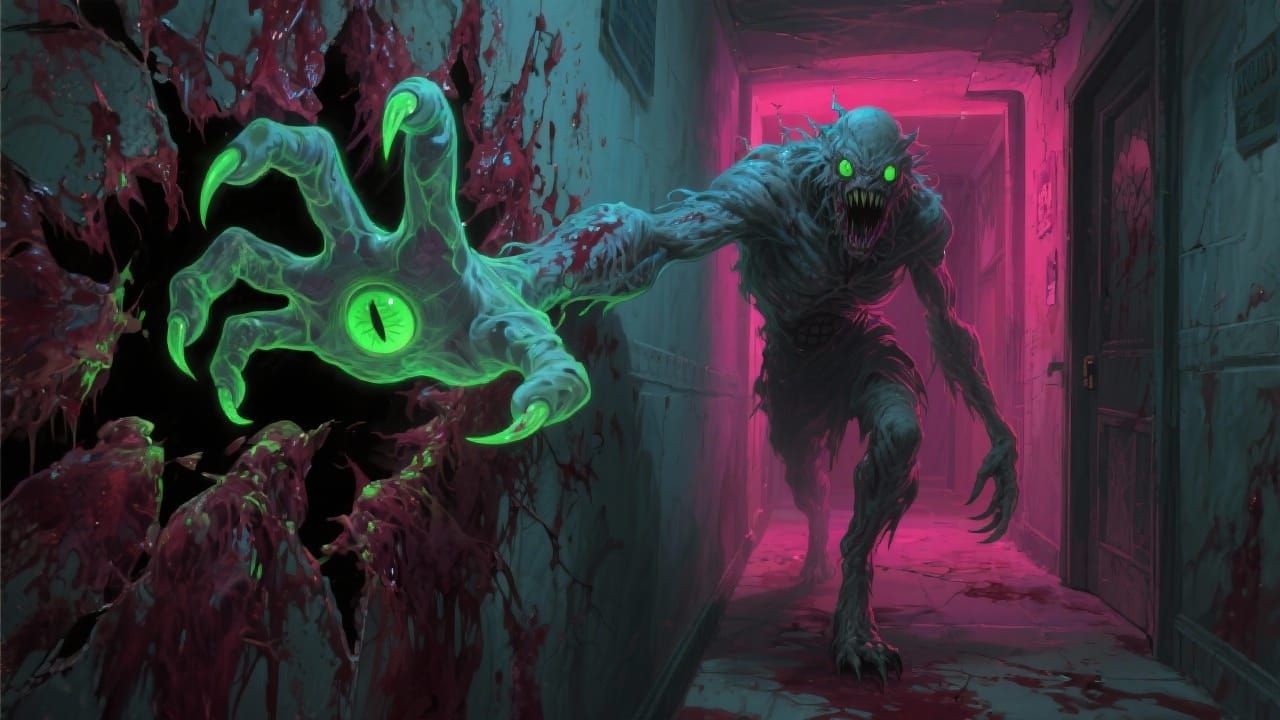 Horrifying Mutant Beast and Ethereal Hands in Abstract Surre...