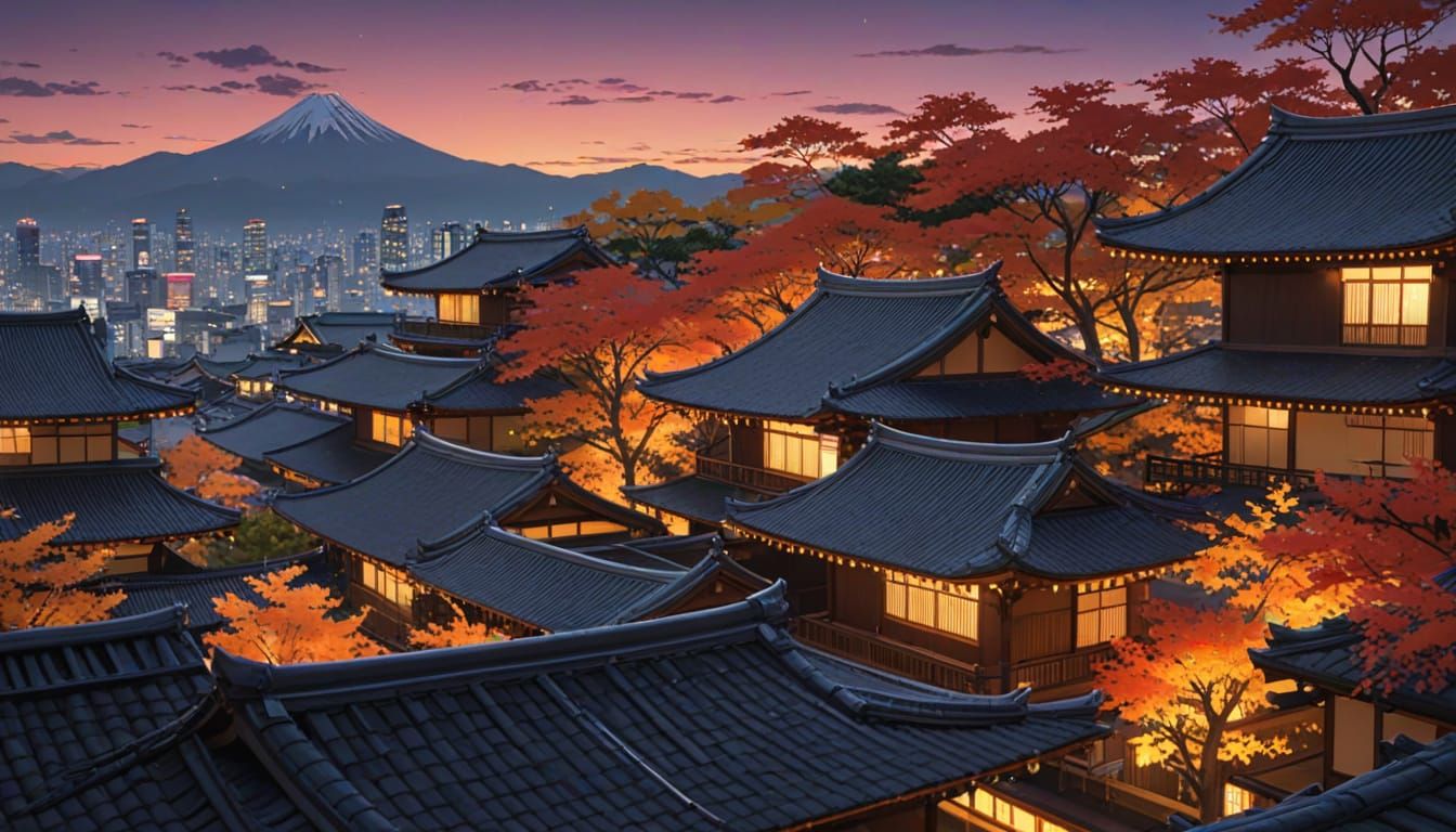 Anime Cityscape at Twilight with Falling Leaves