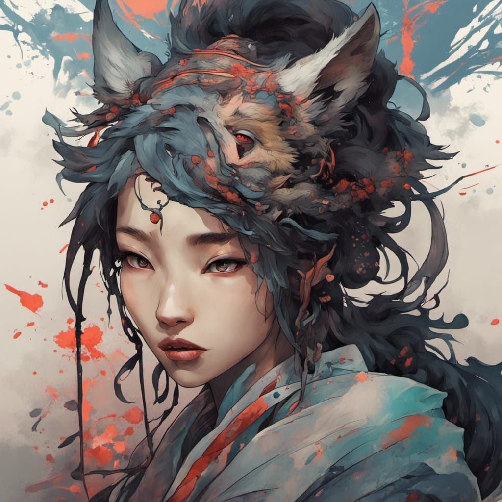 Asian Wolf Yokai Concept Art in Art Nouveau Style