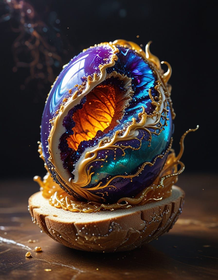 Vibrant Hyperdetailed Dragon Egg Shimmers on Toast