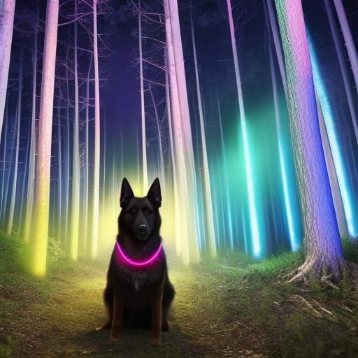Neon Wizard German Shepherd in Dark Fantasy Forest