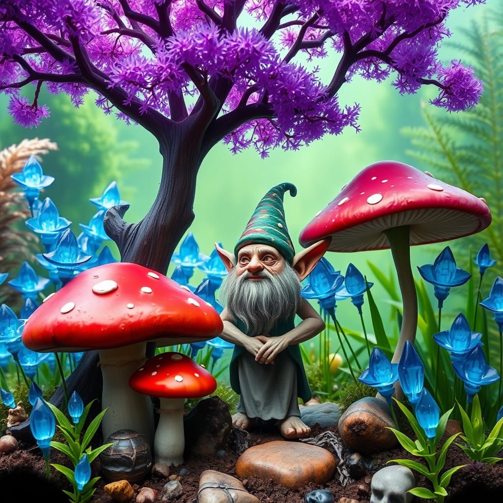 Goblin in Whimsical Garden with Crystal Flowers