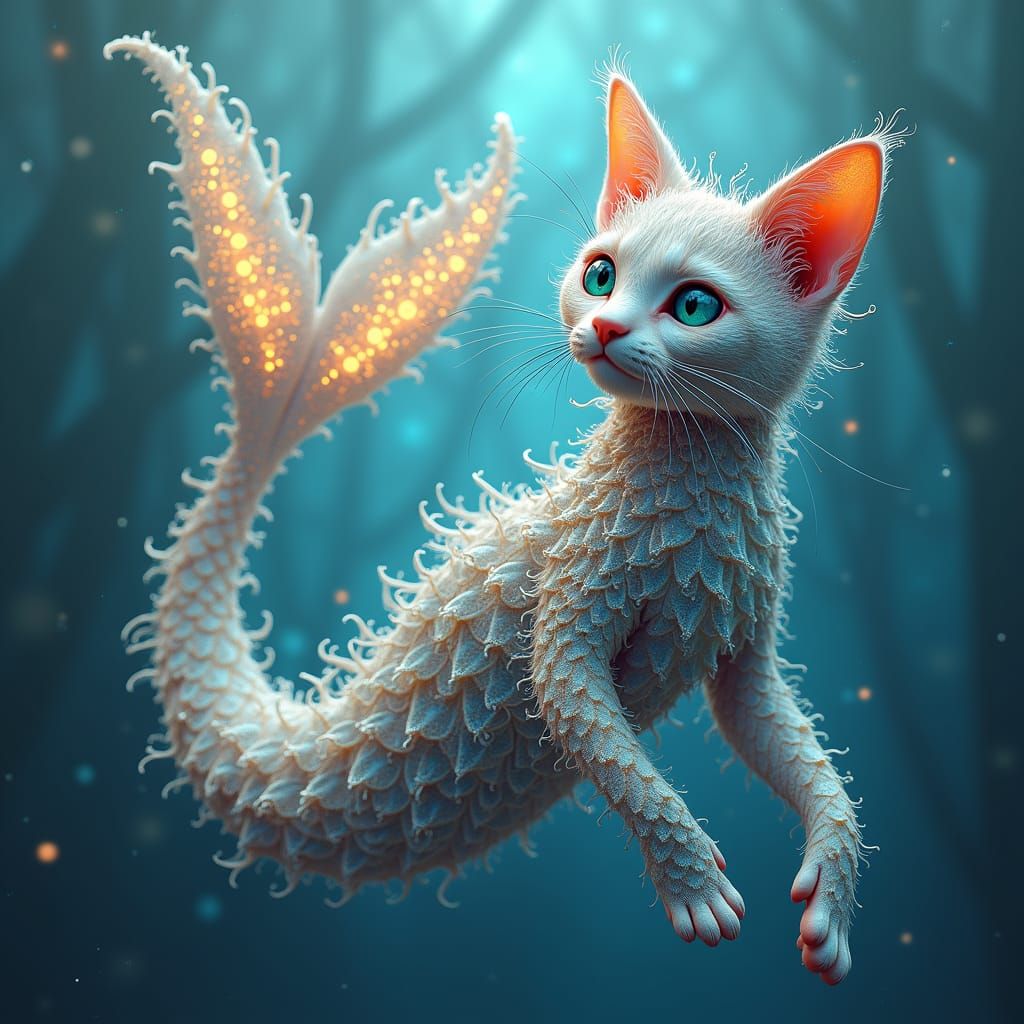 Dreamlike Mermaid Cat in Futuristic Art Nouveau Style
