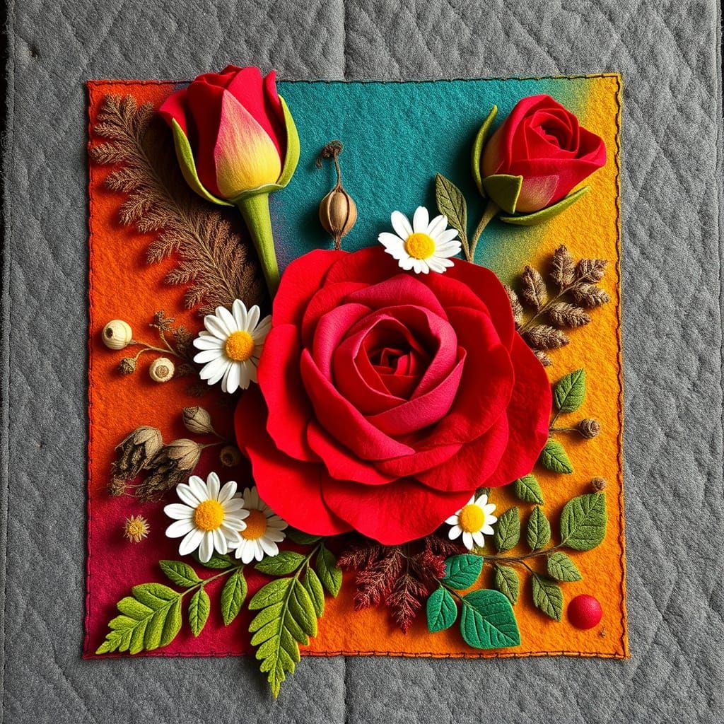 Abstract Felt Flower Still Life Inspired by Folk Art