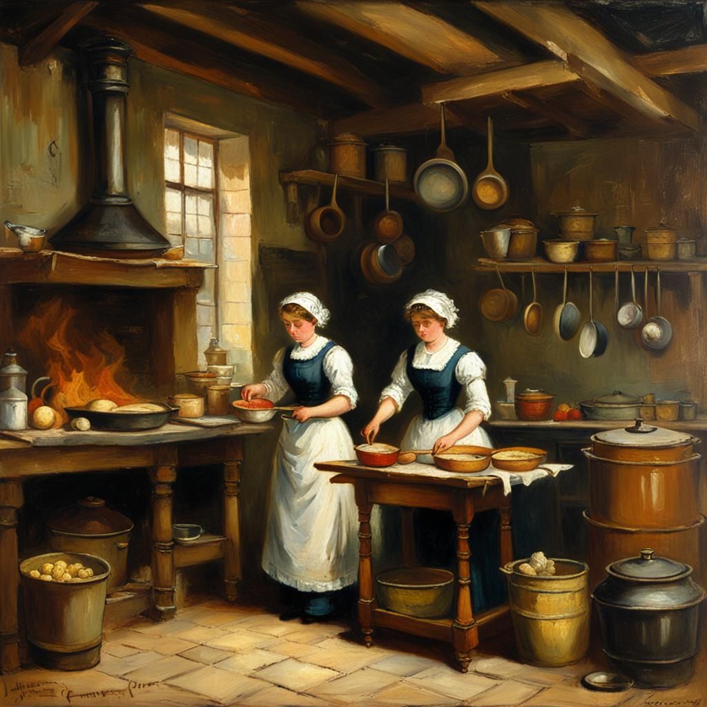Victorian Maids Preparing Food as Oil Painting