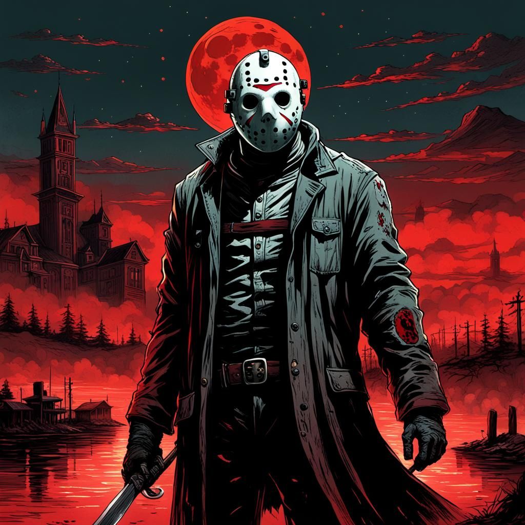 Jason Voorhees Horror Art in Medieval City