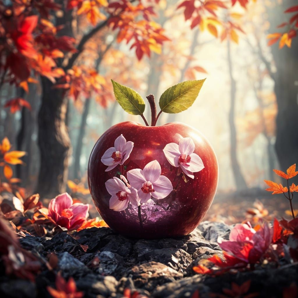 Surreal Autumn Scene with Magical Forest and Apple