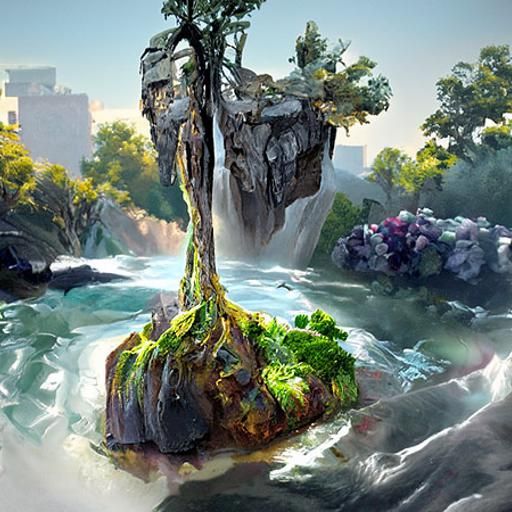 Fantasy Landscape with Floating Rock and Waterfall