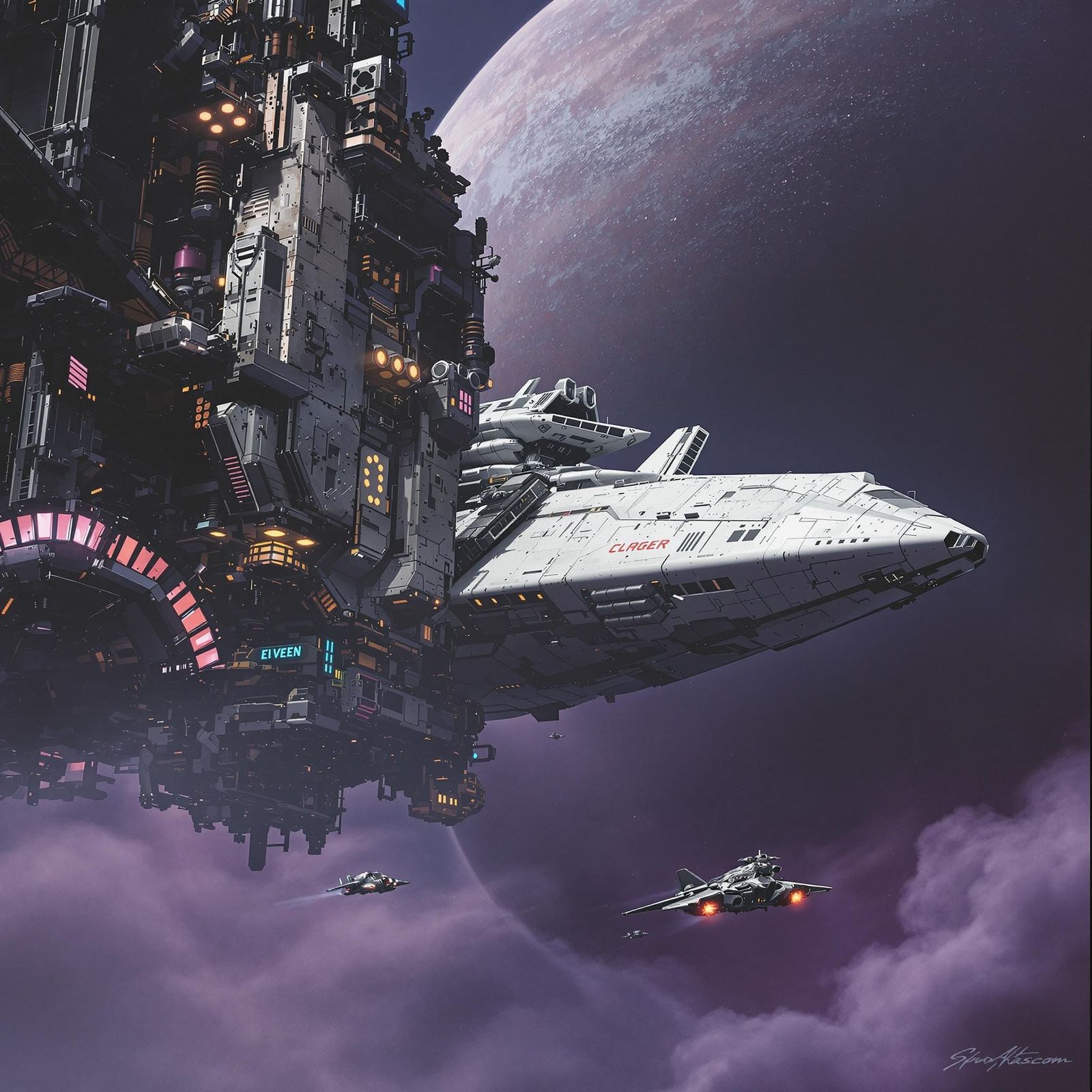 Gritty Space Station Orbiting Alien Planet with Retro-Futuri...