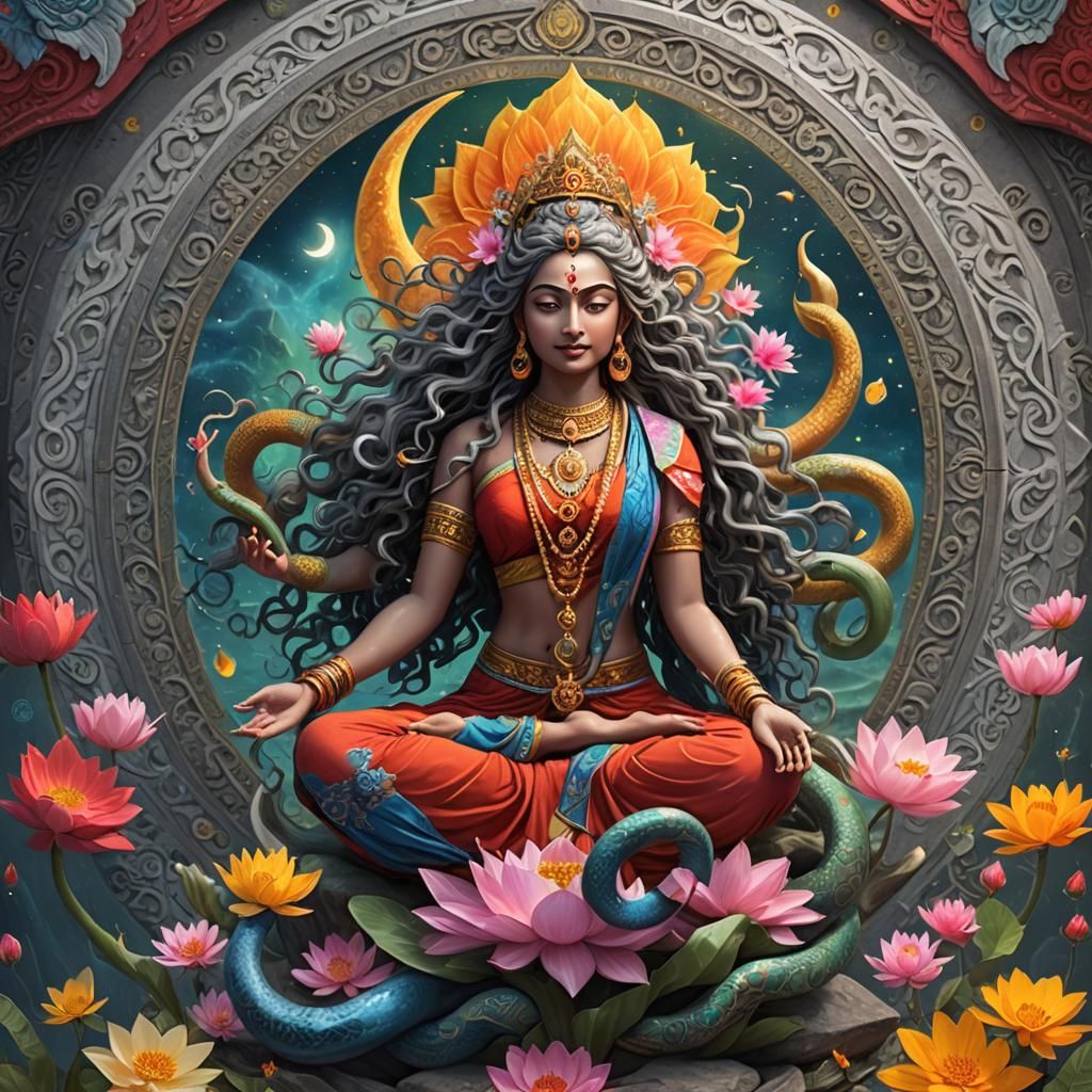 Blue Hindu Goddess in Red Cosmos: Fantasy Art