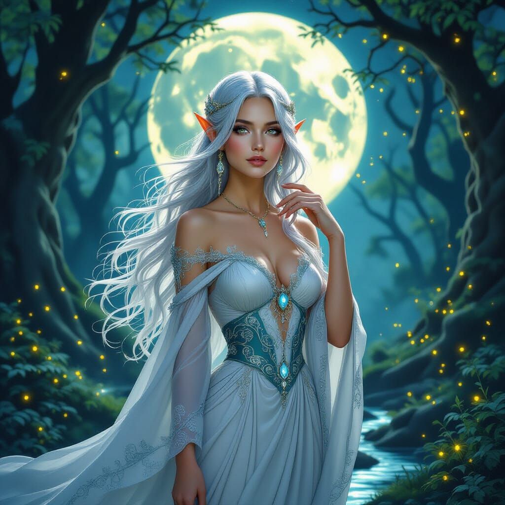 Mystical Moon Elf Portrait in Pre-Raphaelite Style