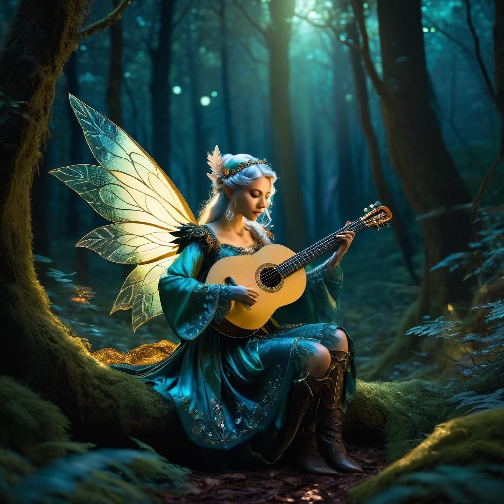 Ethereal Fairy Bard Shines in Moonlit Forest