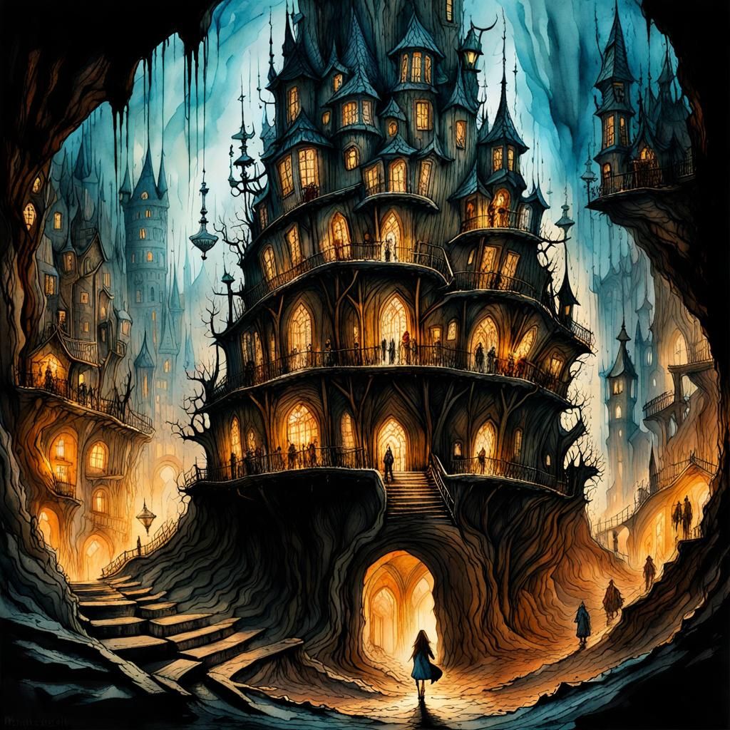 Mystical Underground City in Watercolor Ink Style