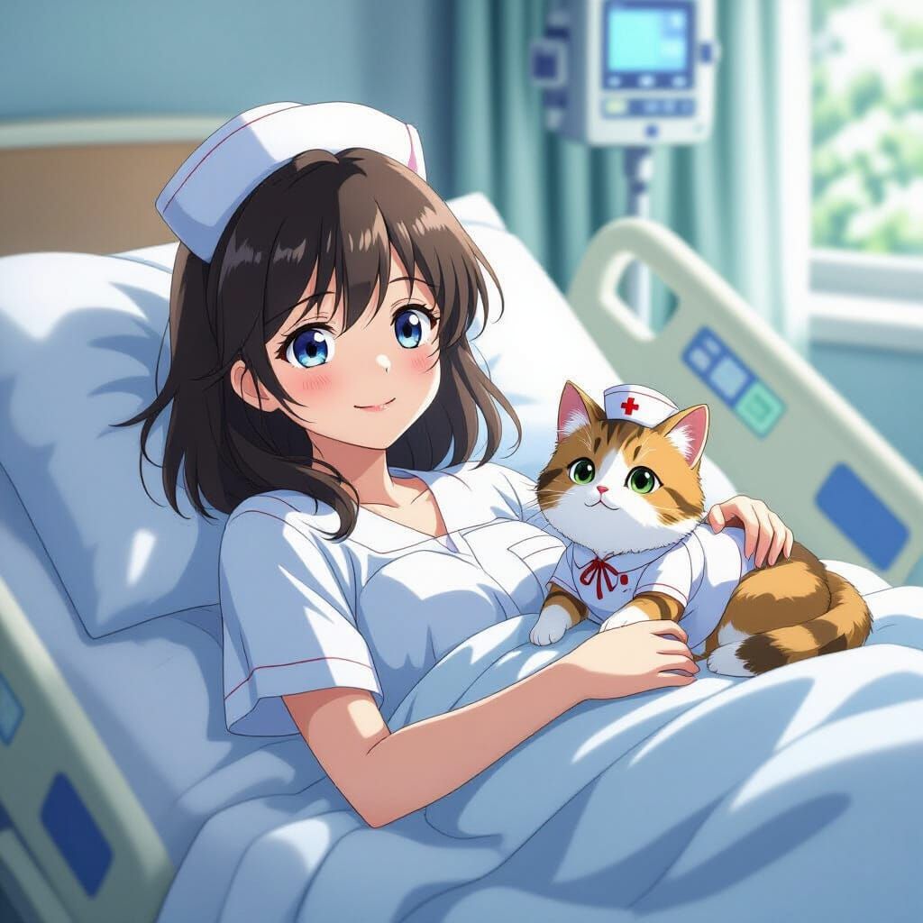 Anime Woman and Nurse Cat in Hospital Bed