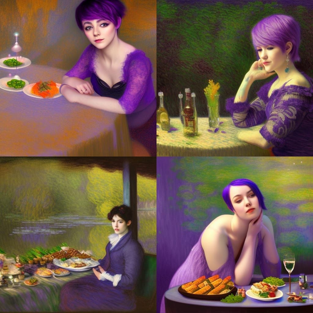 Purple-Haired Woman on Stage in Impressionistic Style